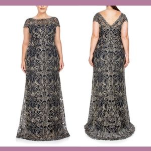 NEW $548 Tadashi Shoji Adena‎ Corded Embroidery Gown Navy/Nude [SZ 4 ]